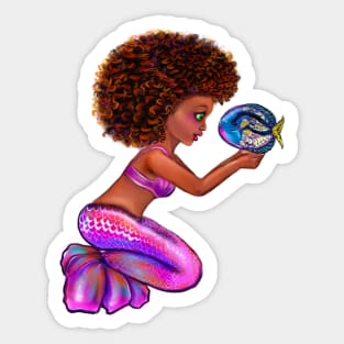 Black anime mermaid with blue tang fish, beautiful girl with Amber hair, green eyes, Cherry pink lips and dark brown skin. Hair love ! Sticker